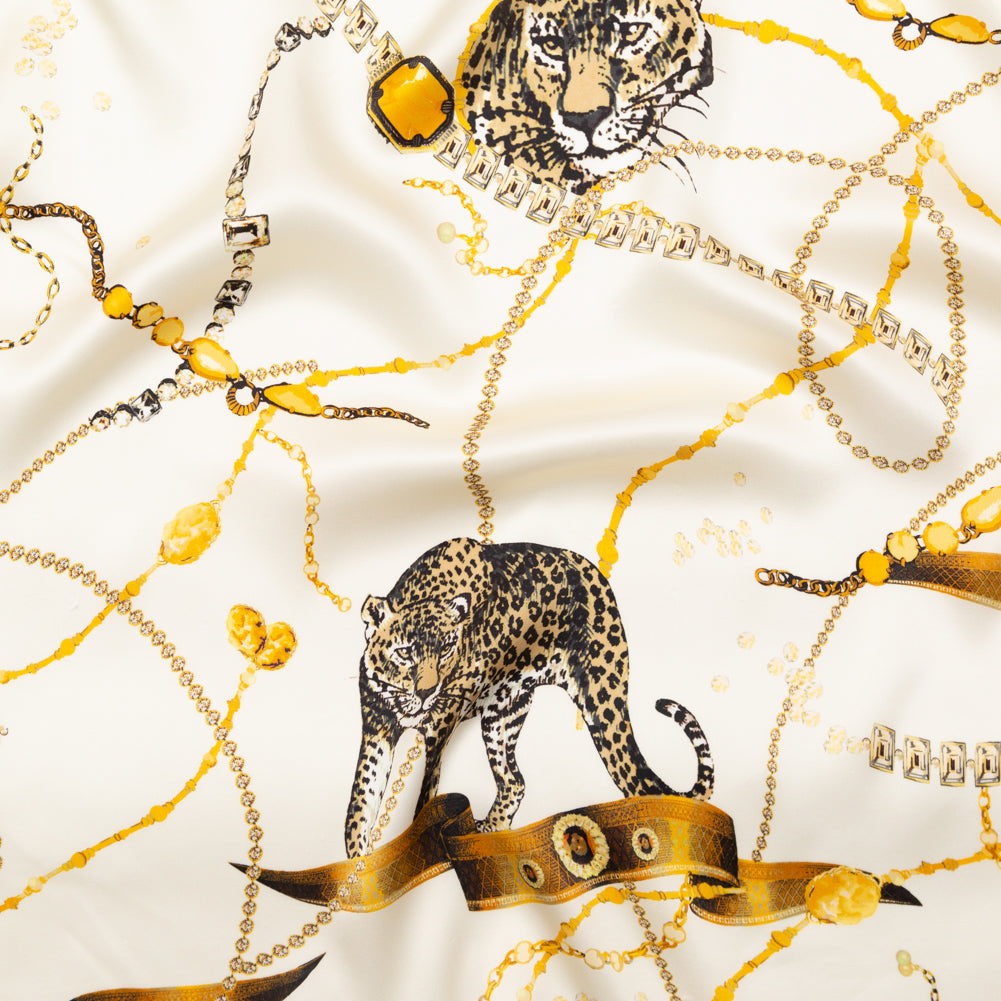Mood Exclusive Italian Off-White and Gold Cheetahs and Gems Silk Charmeuse - Joann Fabrics
