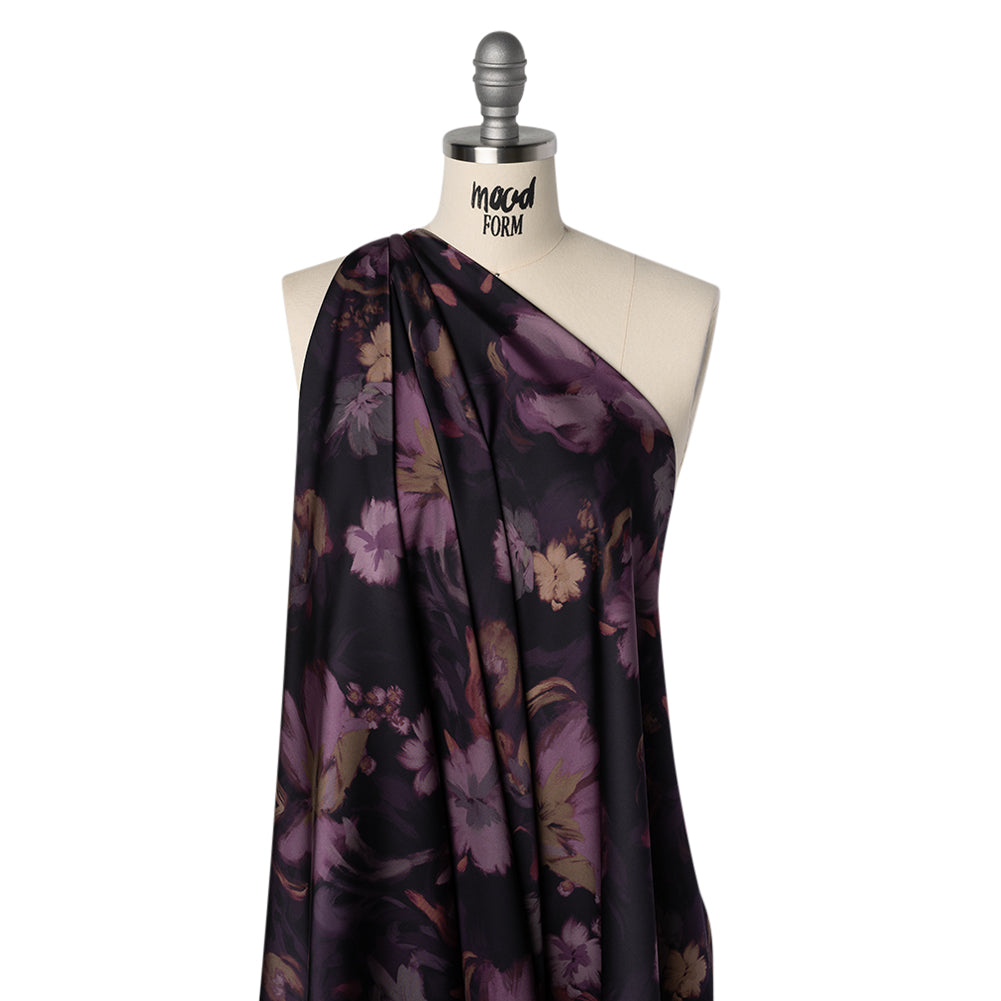 Polyester Satin - Aubergine, Lilac and Taupe Painted Flowers - Mood Exclusive Petal Veil Print - Joann Fabrics