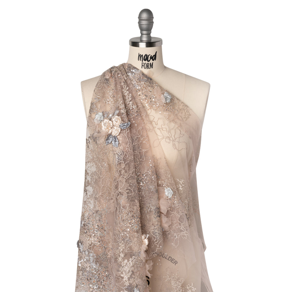 Embroidered and Beaded Tulle with 3D Ribbon Flowers and Finished Edge - Taupe, Beige and Gray Fancy Flower - Joann Fabrics