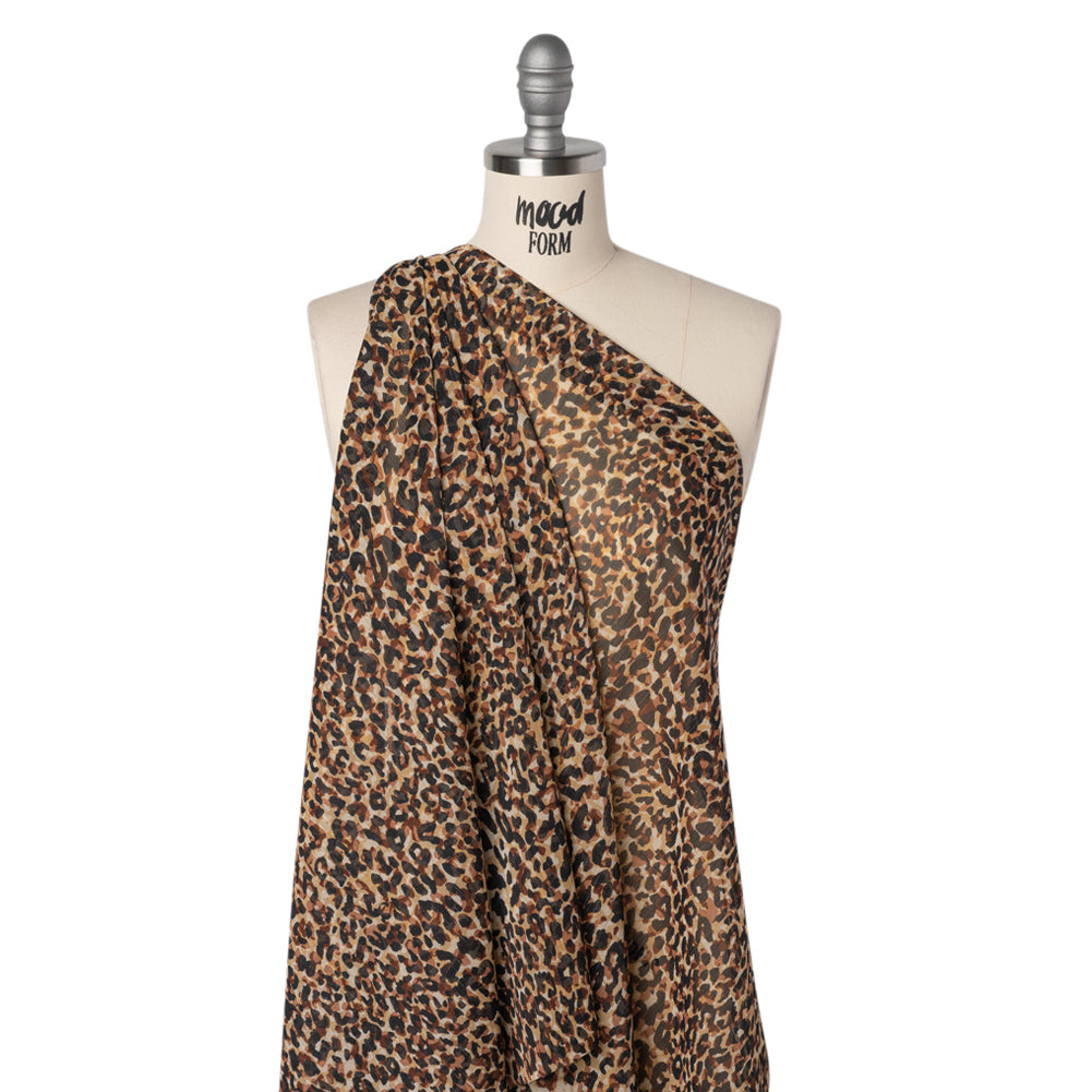 Crinkled Polyester Chiffon Print with Metallic Gold Pinstripes - Black, Brown and Beige Abstract Animal Spots - Designer Deadstock - Joann Fabrics