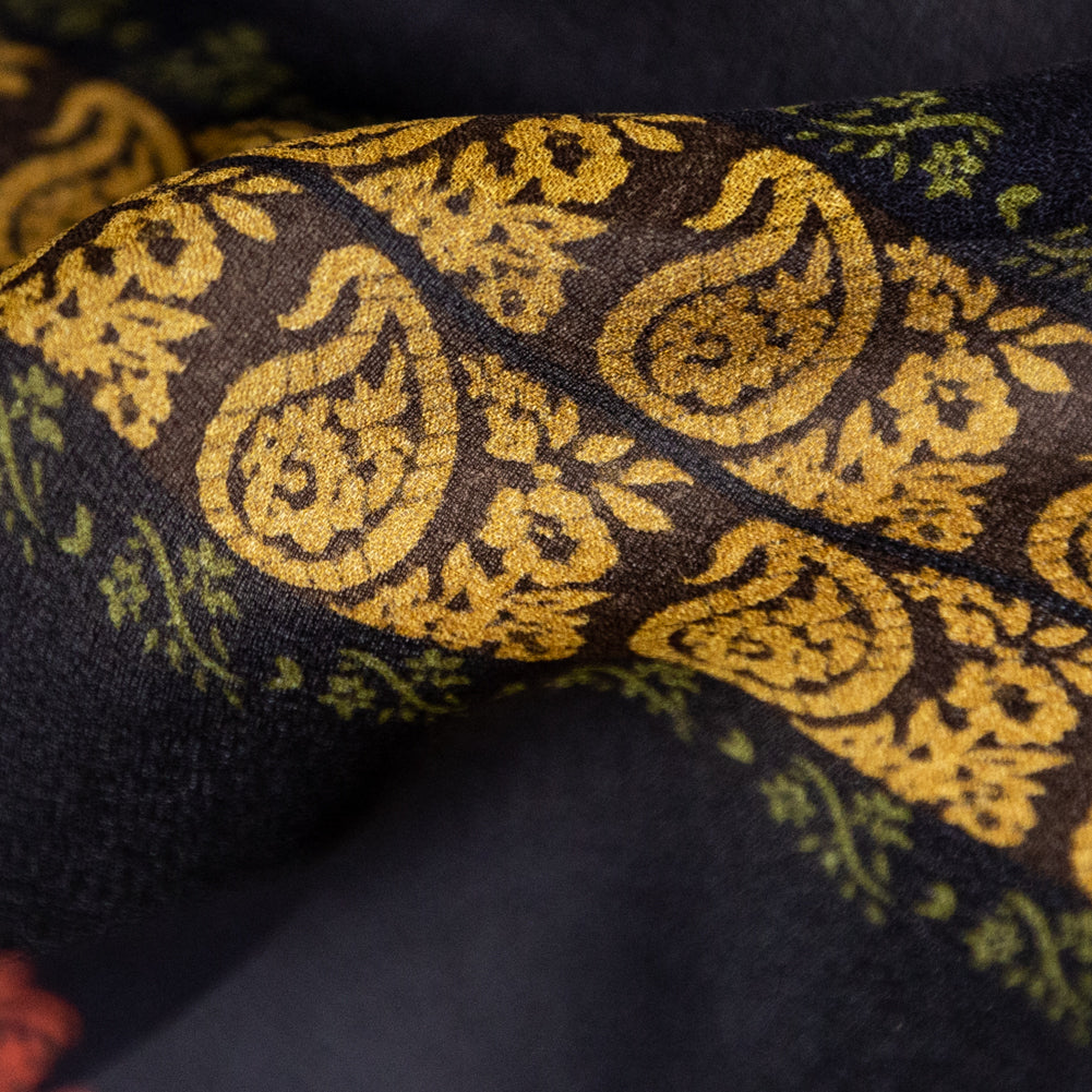 Mustard and Black Paisley and Square Striped Silk Chiffon - Joann Fabrics