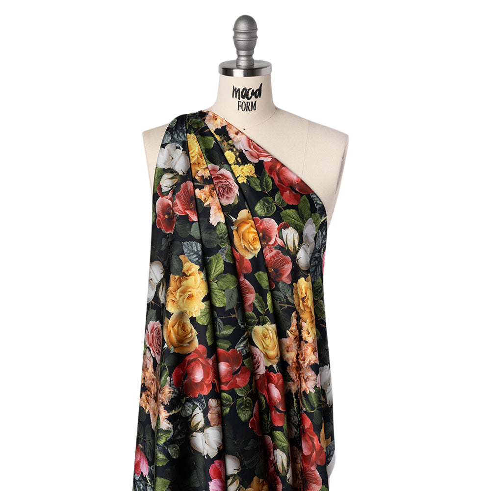 Polyester Satin - Red, Yellow and Green Photorealistic Florals - Mood Exclusive Petals After Dark Print - Joann Fabrics