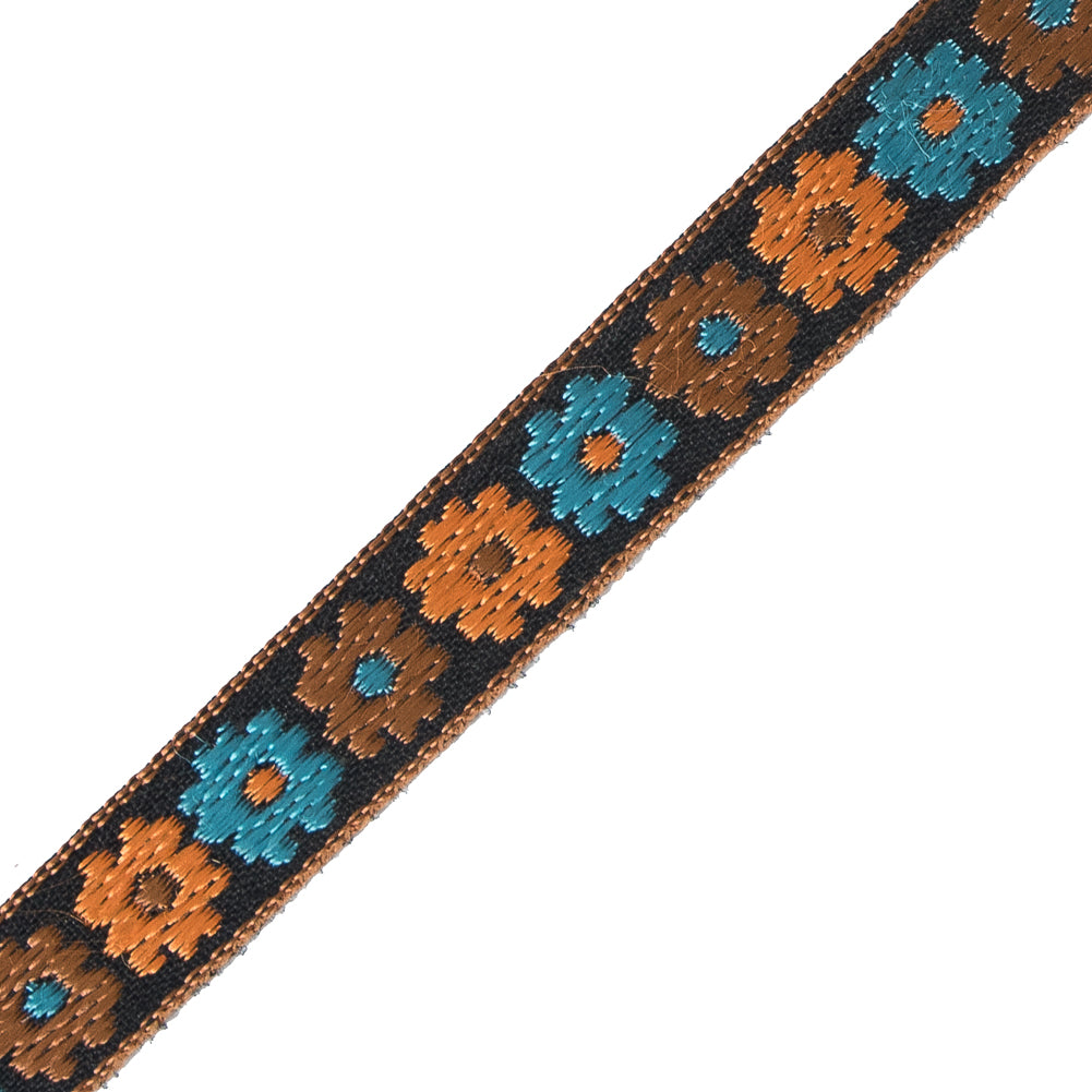Orange and Blue Floral Embroidered Ribbon - 0.5