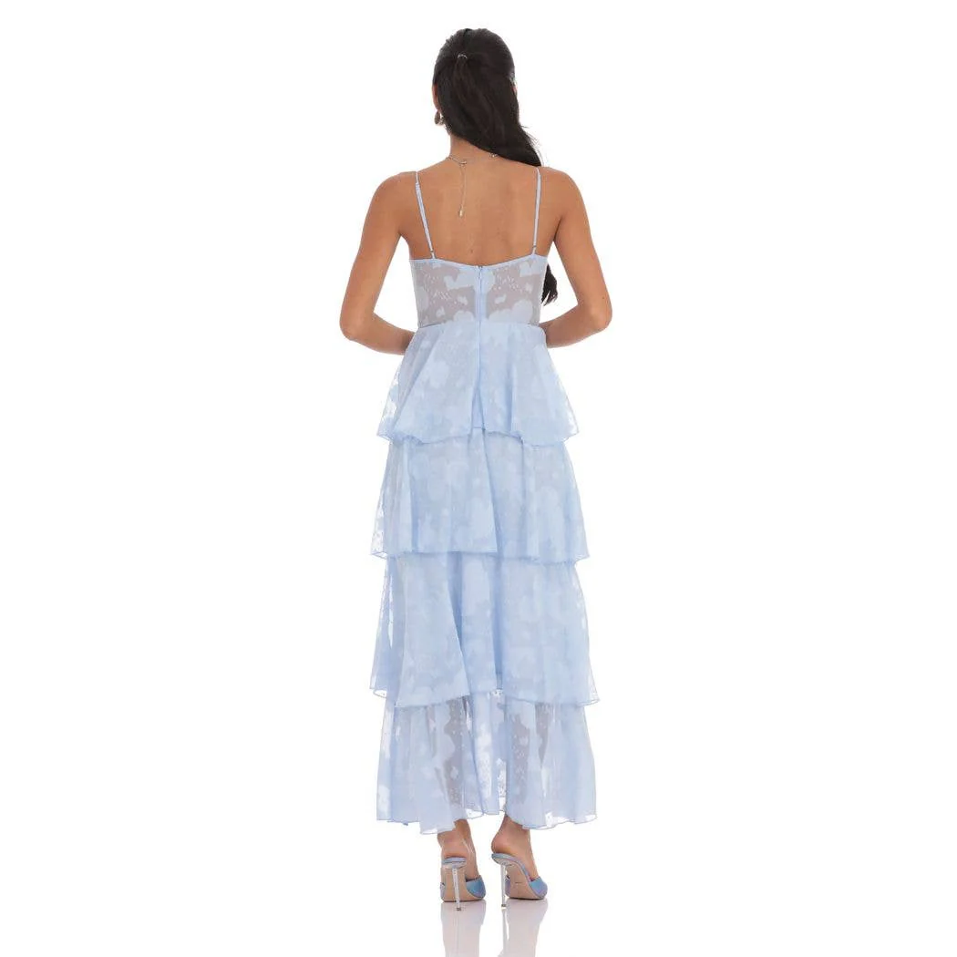 Floral Ruffle A-line Maxi Dress in Sky Blue: S