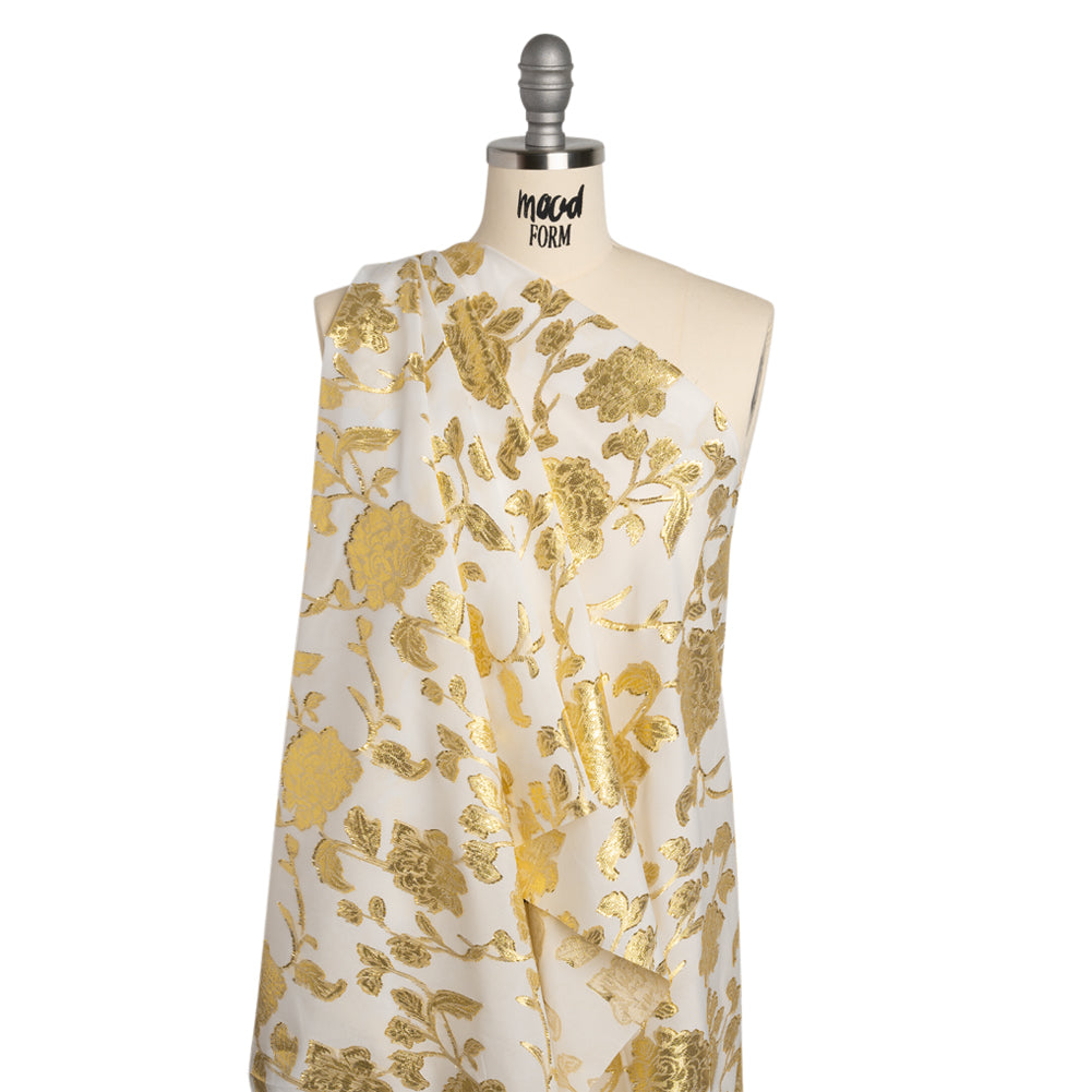 Metallic Burnout Brocade - White and Gold Floral - Designer Deadstock - Joann Fabrics