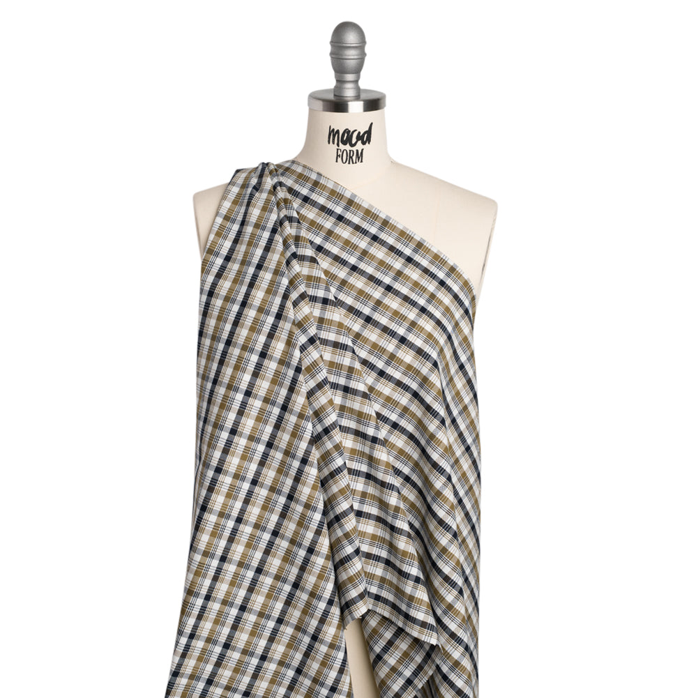 Cotton Oxford Shirting - Khaki, Navy and White Plaid - Deadstock - Joann Fabrics