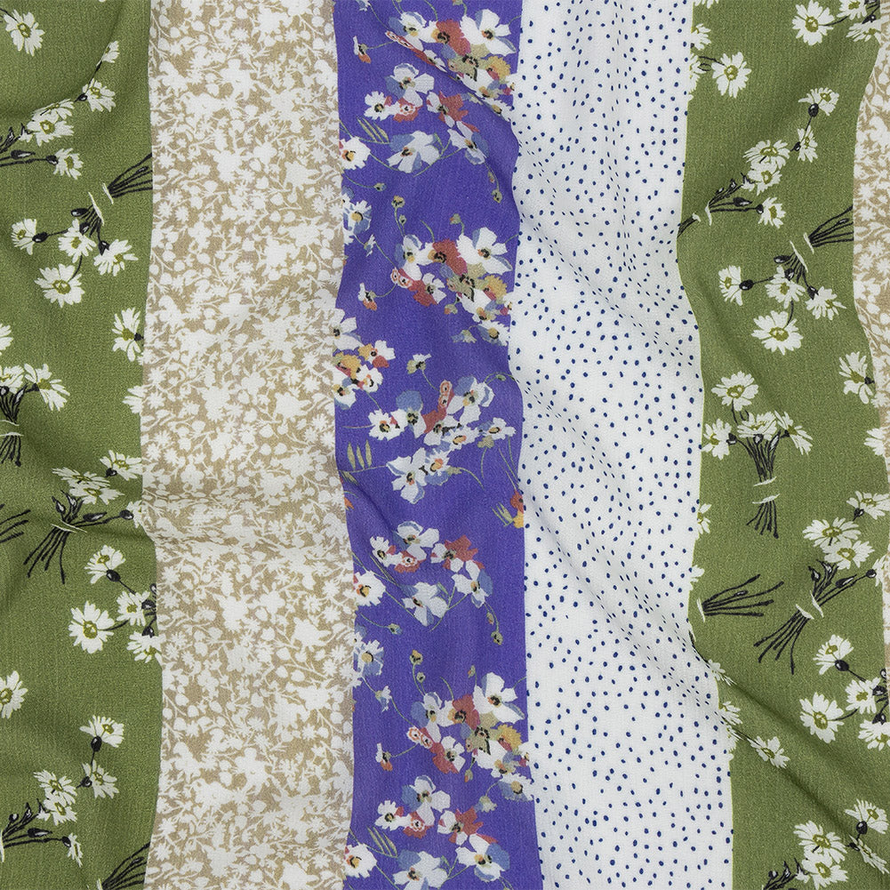 Gauzy Wrinkled Rayon Woven Print - Violet and Pea Green Floral Stripes - Mood Exclusive Perennial Paths - Joann Fabrics
