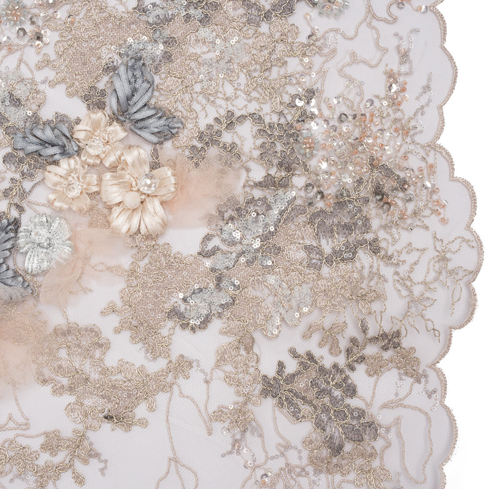 Embroidered and Beaded Tulle with 3D Ribbon Flowers and Finished Edge - Taupe, Beige and Gray Fancy Flower - Joann Fabrics