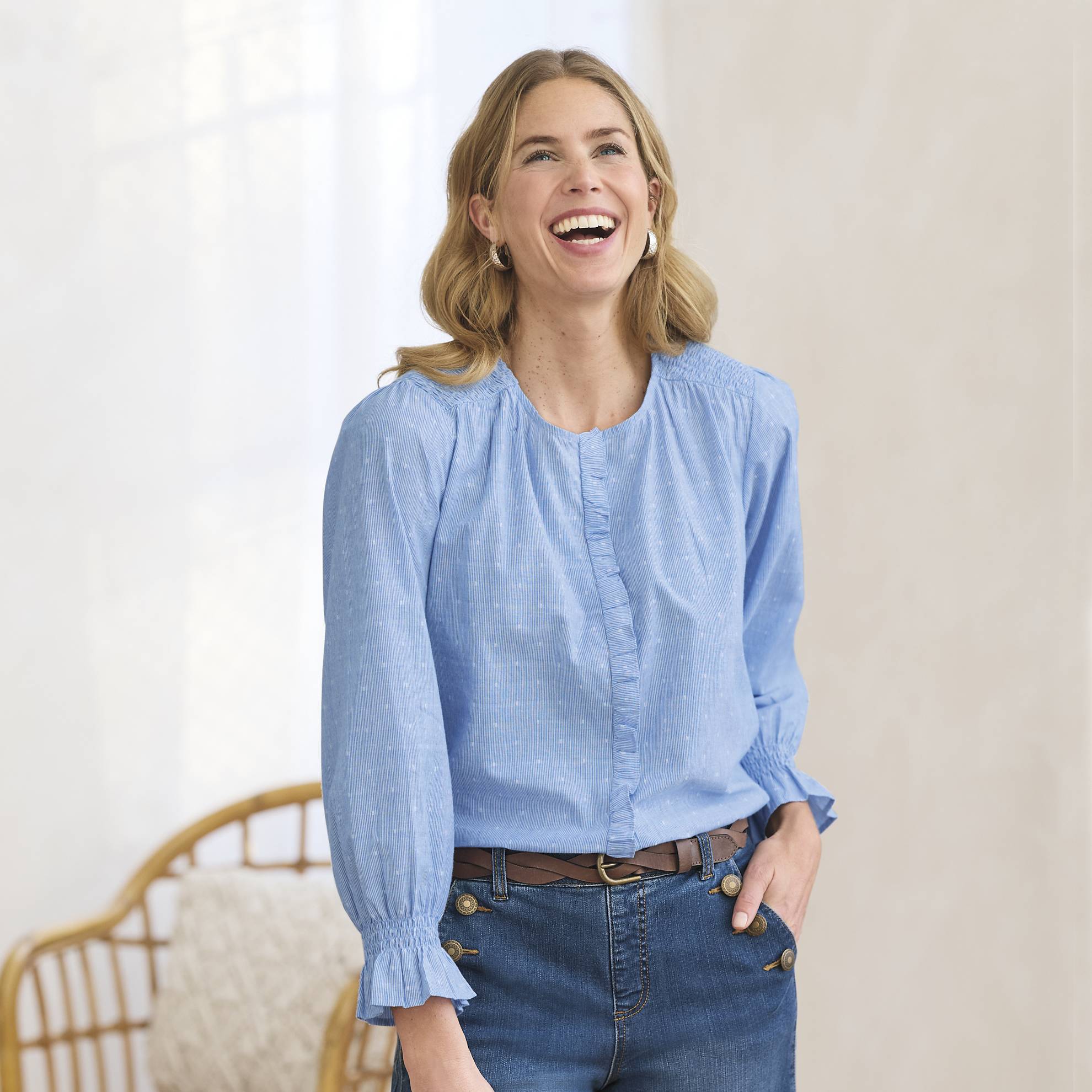 Textured-Dot Stripe Smocked Shirt - Northstyle Catalog