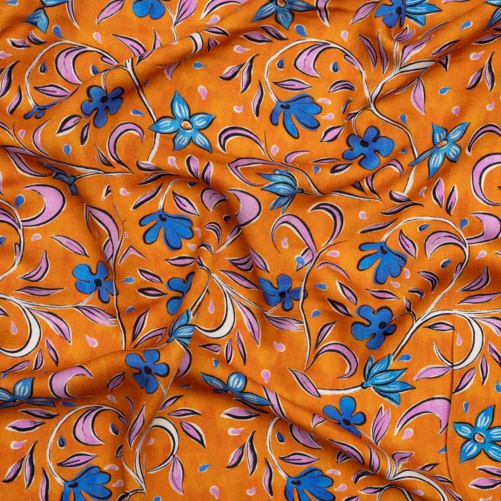 Rayon Challis - Orange and Blue Floral - Apollo's Laurel Print - Mood Exclusive Chariot Collection - Joann Fabrics