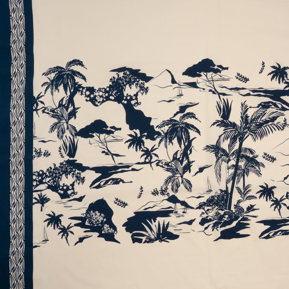 Stretch Cotton Poplin Panel - Cream and Navy Tropical Scenery - Designer Deadstock - Joann Fabrics