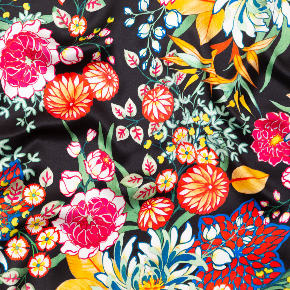 Mood Exclusive Italian Black, Green and Tangerine Floral Digitally Printed Silk Charmeuse - Joann Fabrics