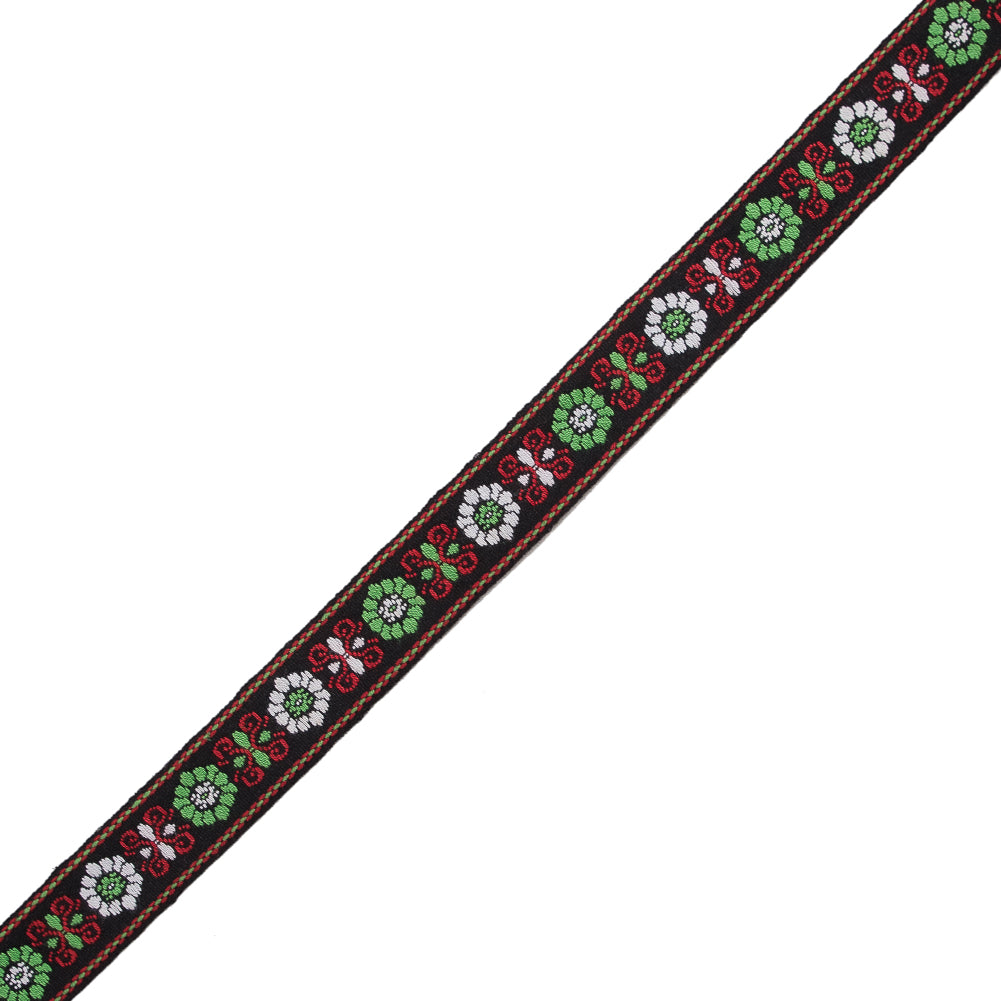 Green and Red Floral German Jacquard Ribbon - 0.75