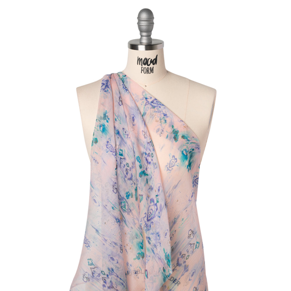 Crinkled Silk Chiffon Print - Pale Pink, Blue and Teal Green Ikat Geometric and Florals - Deadstock - Joann Fabrics