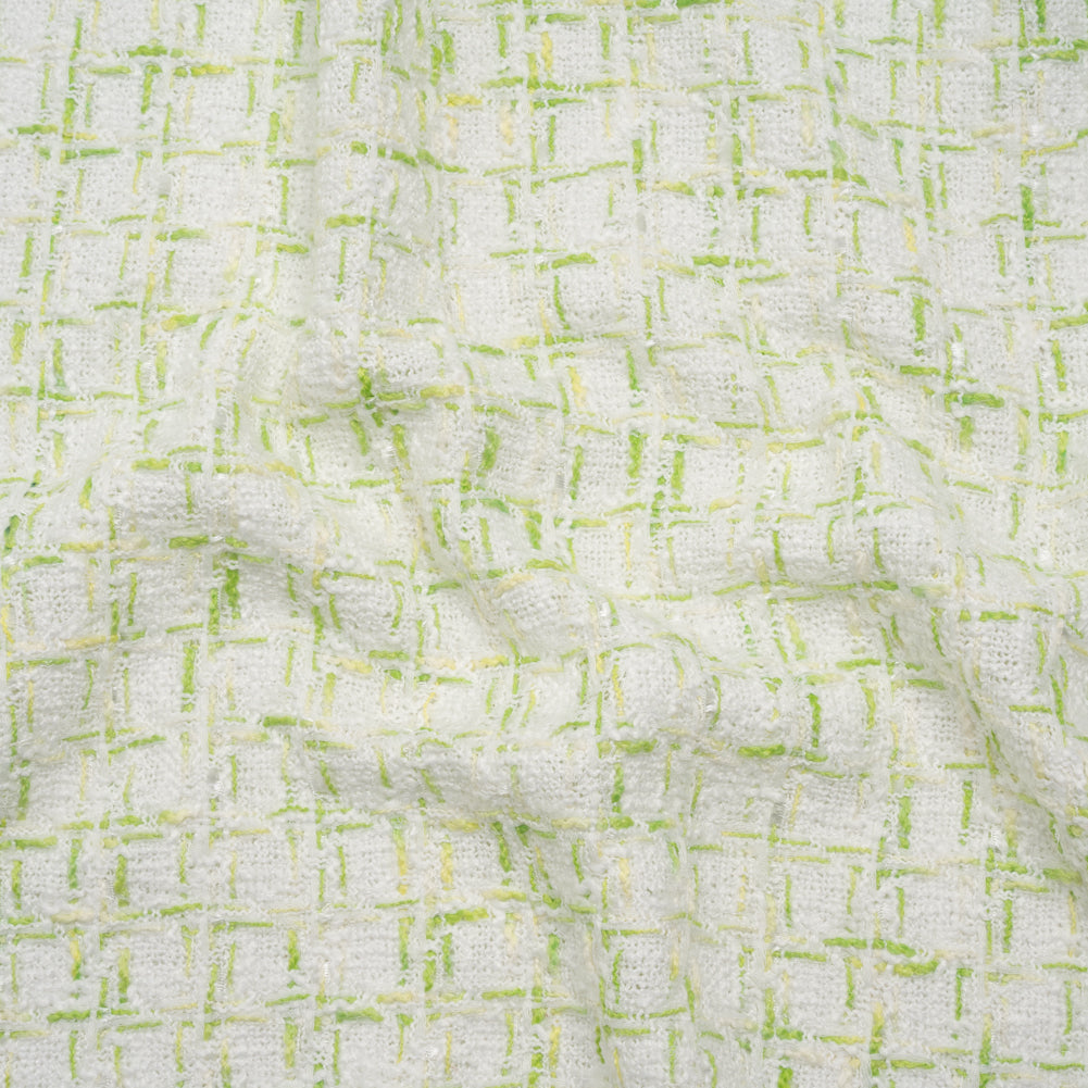 Tweedy Polyester Boucle - White and Lime Green Plaid - Deadstock - Joann Fabrics