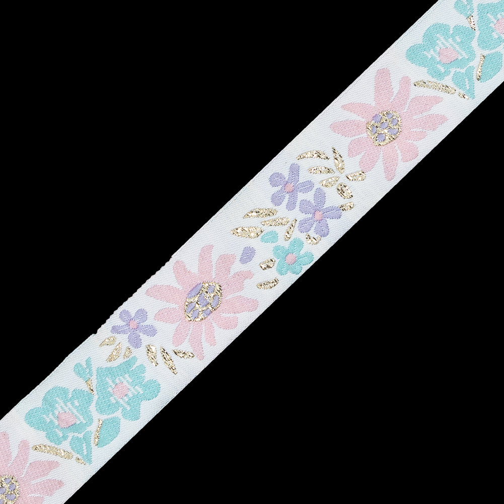 Pink, Aqua and Metallic Gold Floral Jacquard Ribbon - 1