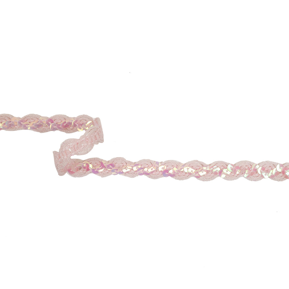 Iridescent Pink Wavy Braided Trim with Translucent Iridescent Pink Sequins - 0.625