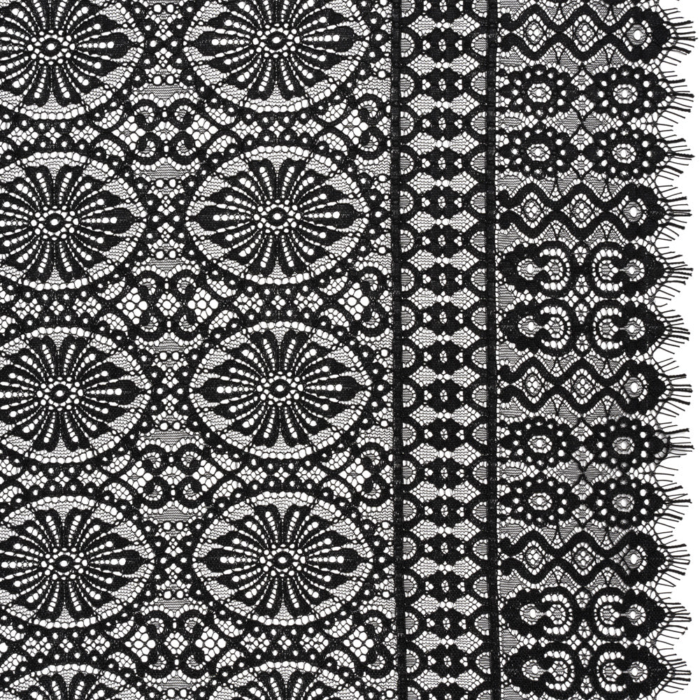 Corded Lace Panel with Scalloped and Fringed Finished Edges - Black Flower Medallions and Abstract Stripes - Joann Fabrics