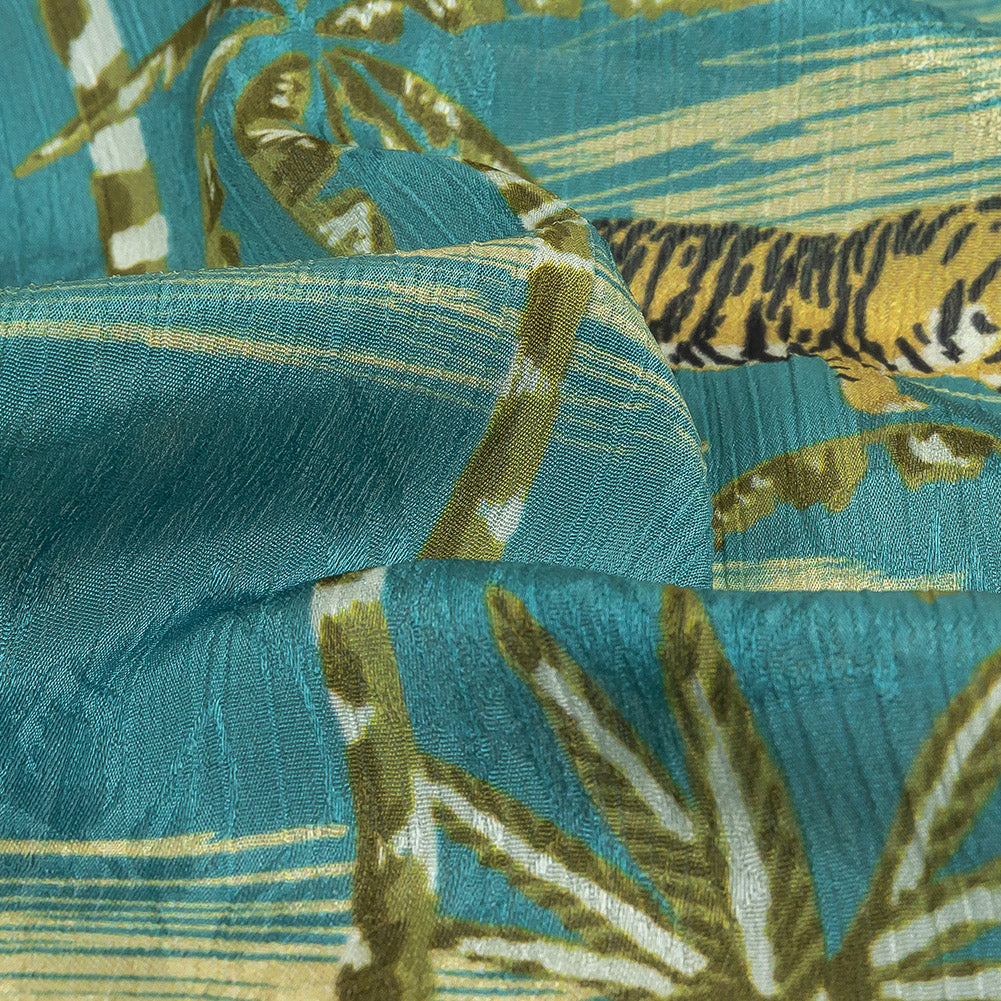 Crinkled Leafy Polyester Jacquard Print - Blue and Green Savannah Cats - Mood Exclusive Cerrado - Joann Fabrics