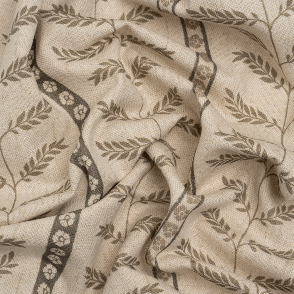 Brushed Cotton and Linen Canvas - Jute Fern Leaves and Flower Stripes - British Imported - Joann Fabrics
