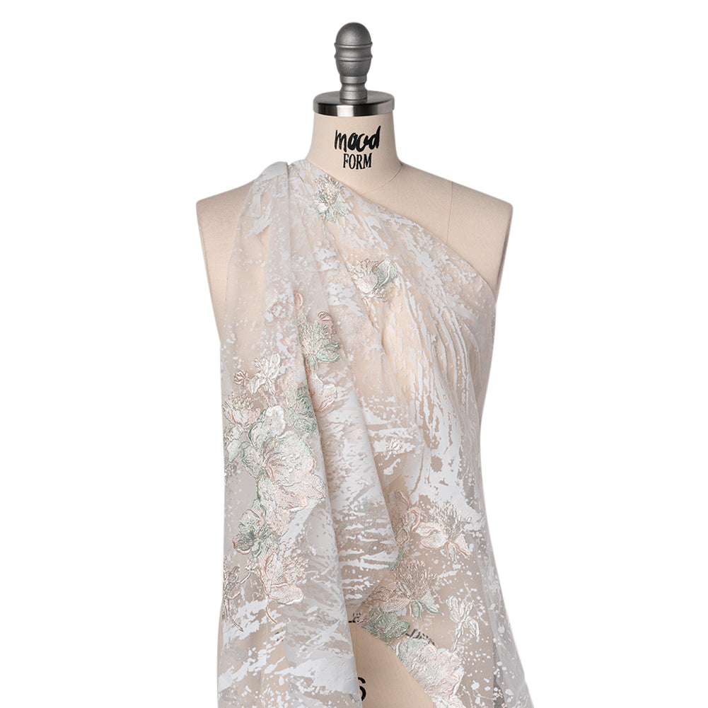 Embroidered Abstract Flocked Tulle with Baby Sequins - Off White, Pale Pink and Mint Floral - Joann Fabrics
