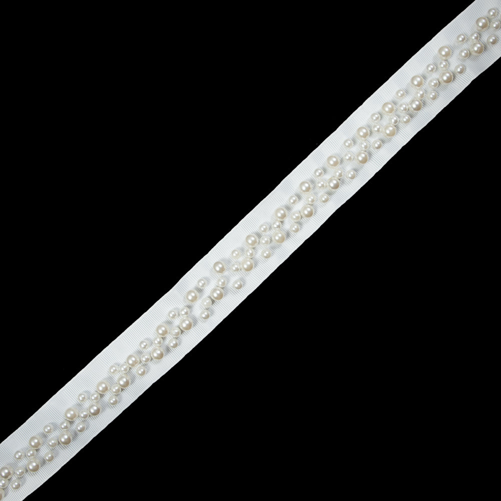 White Grosgrain & White Pearl Beaded Trim - 1.25