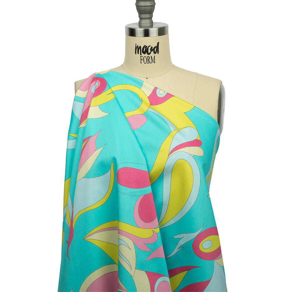 Stretch Cotton Sateen - Turquoise, Pink and Yellow Abstract Paisley - Free Falling Print - Mood Exclusive Groove Collection - Joann Fabrics