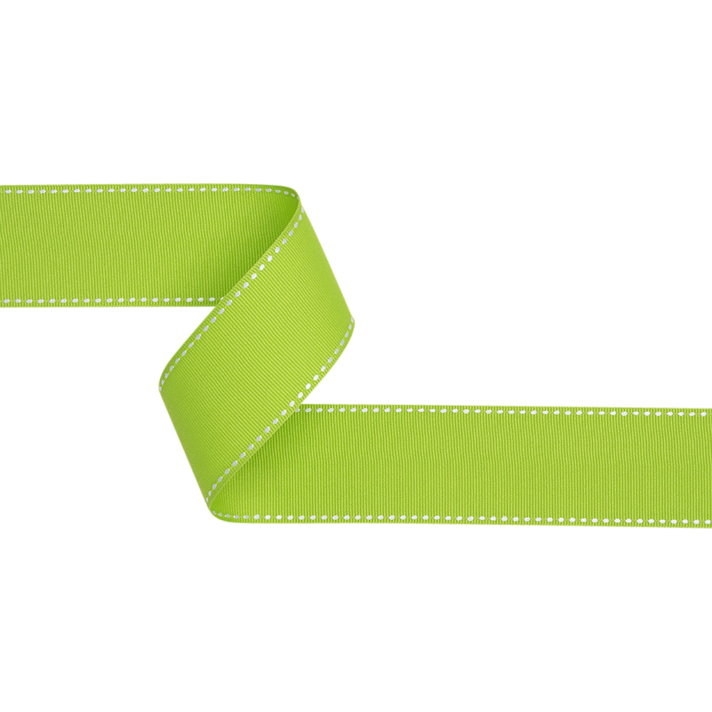 Grosgrain Ribbon with White Stitched Borders - Lime Green - 1.5