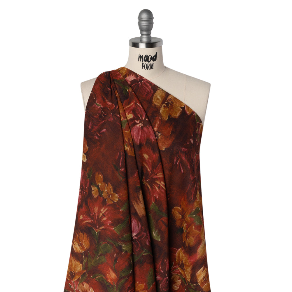 Crinkled Cotton Gauzy Woven - Burgundy, Yellow Ochre and Green Painterly Ikat Floral - Mood Exclusive Cabernet Crocus Print - Joann Fabrics