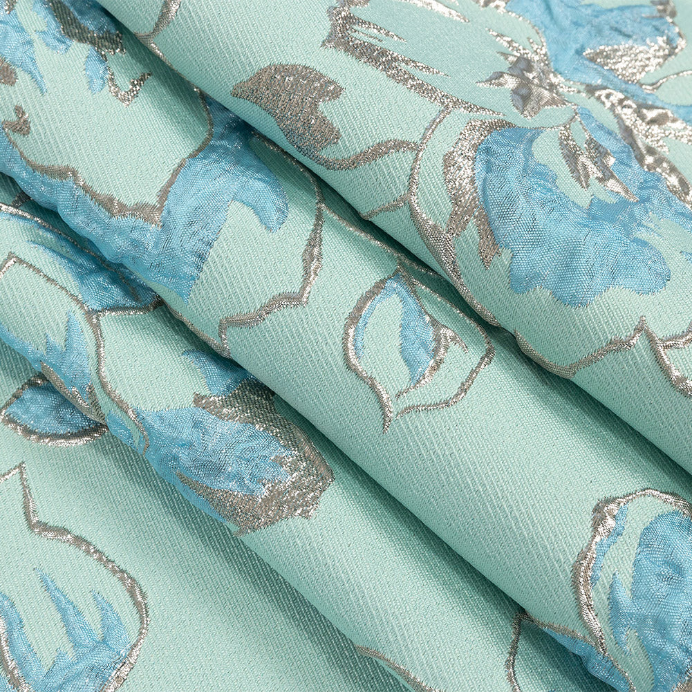 Metallic Gunmetal, Seafoam and Sky Blue Floral Luxury Brocade - Joann Fabrics