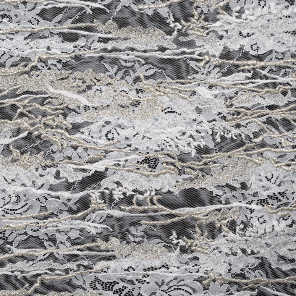 Metallic Embroidered Raschel Lace - Off White and Silver Floral and Waves with Scalloped Border - Joann Fabrics