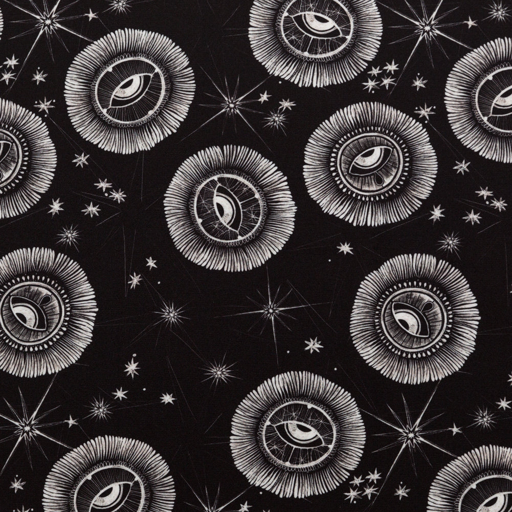 Stretch Polyester Crepe - Black and White Celestial Eyes - Night Side of Nature Print - Mood Exclusive Crow Collection - Joann Fabrics