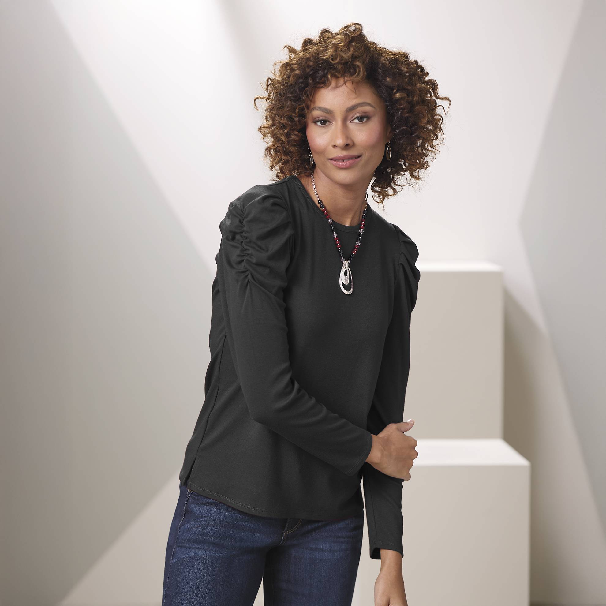 Long Ruched-Sleeve Ribknit Top, Side Slits - Northstyle Catalog