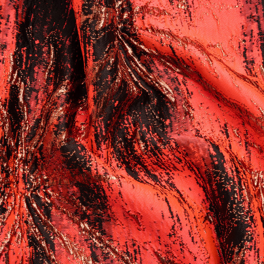 Metallic Copper, Neon Coral and Black Exploding Flowers and Brushstrokes Luxury Brocade - Joann Fabrics