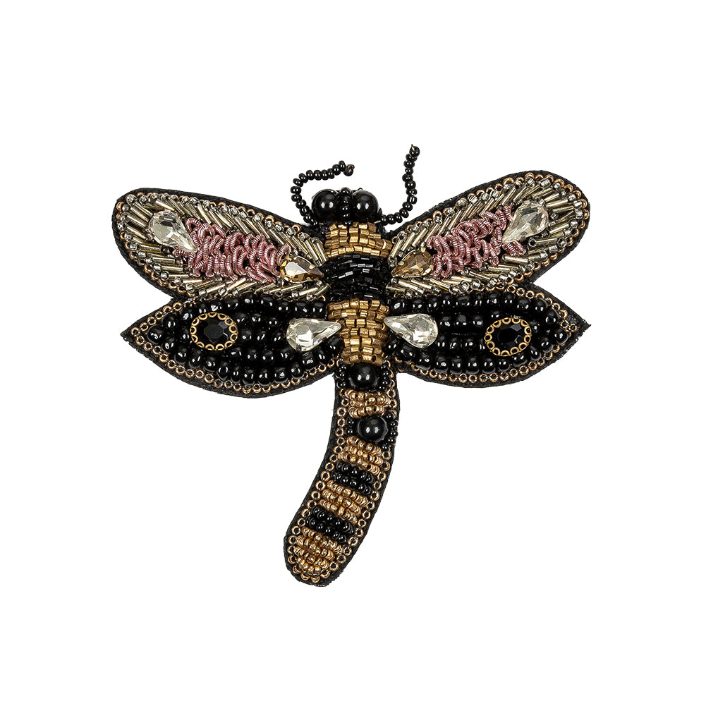 Black, Gold and Ballet Dancer Dragonfly Rhinestone and Glass Beaded Applique - 3.25