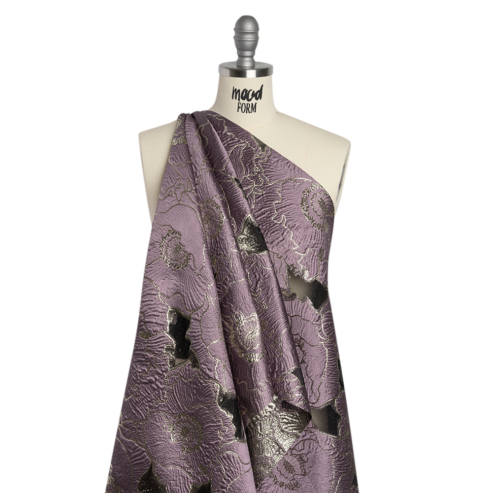 Metallic Burnout Brocade - Plum Purple and Gold All-Over Outlined Flowers - Joann Fabrics