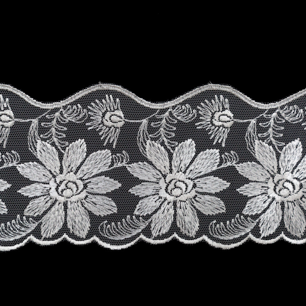 European Ivory Floral Scalloped Embroidery Lace on Mesh - 3.375