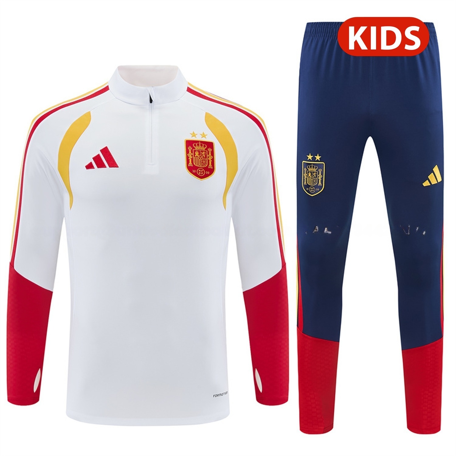 Spain 2026 Kids Long Sleeve Training Set - White Top & Deep Blue Pants - UnitedFutballJersey