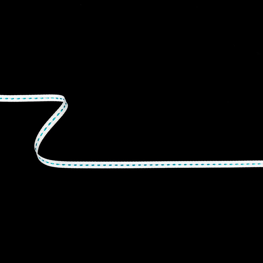 White Grosgrain Ribbon with Turquoise Stitching - 0.25