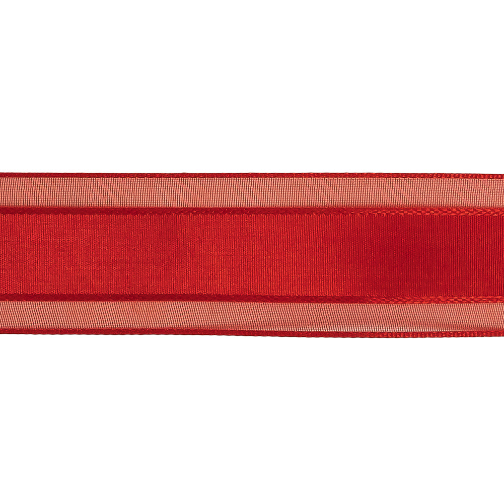 Red Woven Ribbon with Sheer Organza Borders - 1