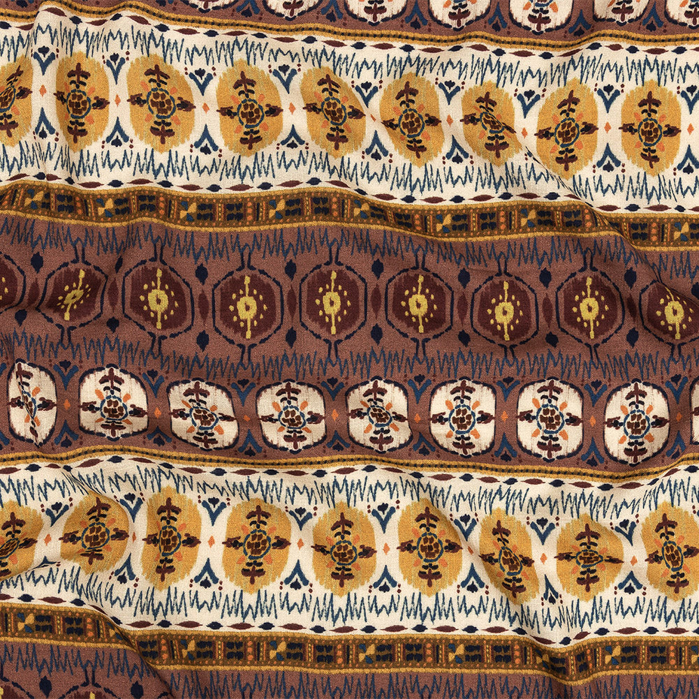 Slubbed Viscose Woven Print - Rust and Mustard Medallion Stripes - Mood Exclusive Hipster Haven - Joann Fabrics