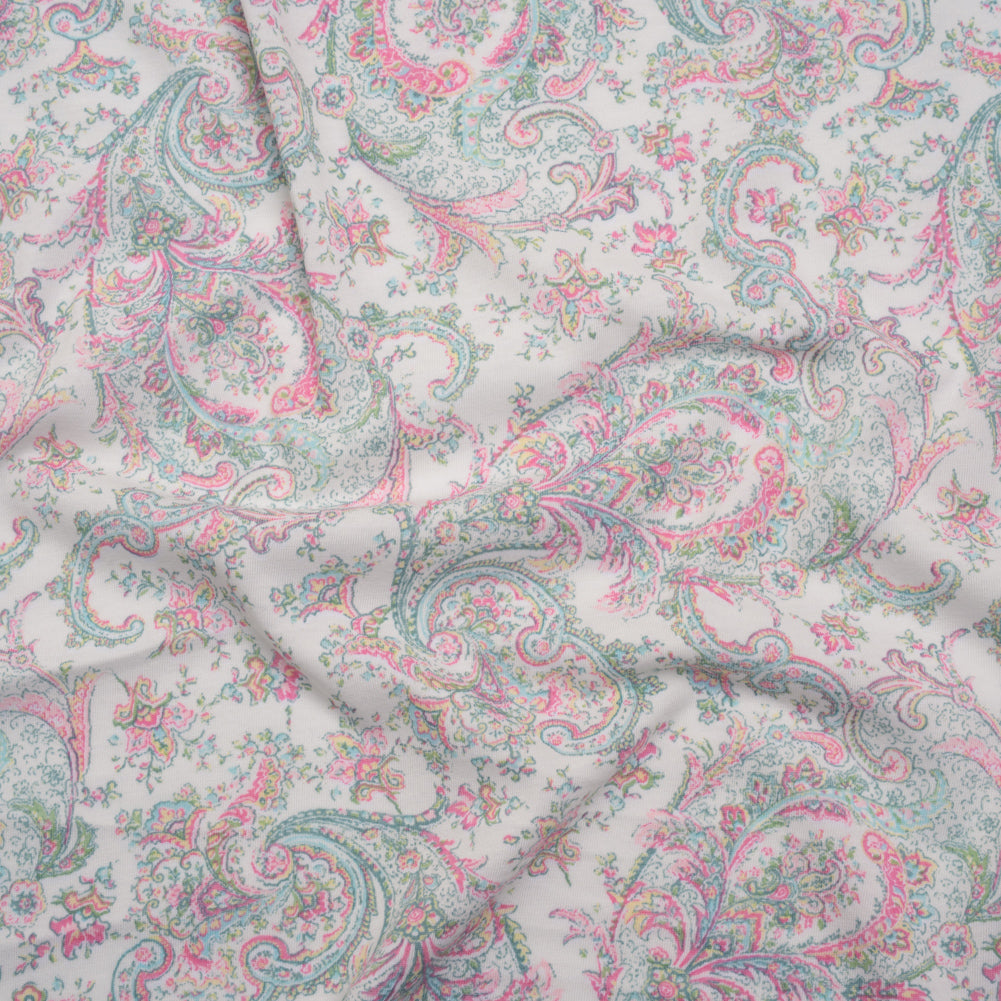 Cotton and Polyester Jersey Print - Ivory, Pastel Green and Pink Delicate Paisley - Deadstock - Joann Fabrics