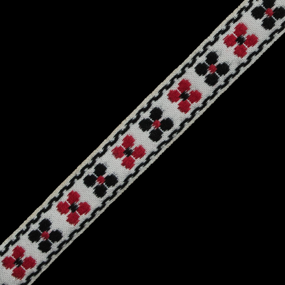 White, Black and Red Floral German Jacquard Ribbon - 0.75