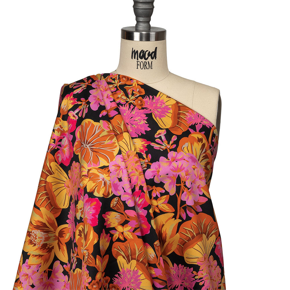Stretch Cotton Sateen - Black, Pink and Yellow Floral - Tangerine Dreams Print - Mood Exclusive Citrus Collection - Joann Fabrics