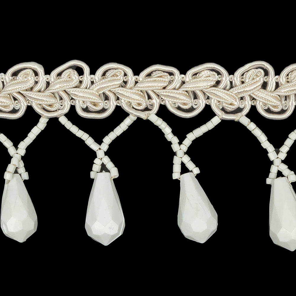 Vintage White Teardrop Beaded Fringe on Ivory Gimp Braid - 1.75