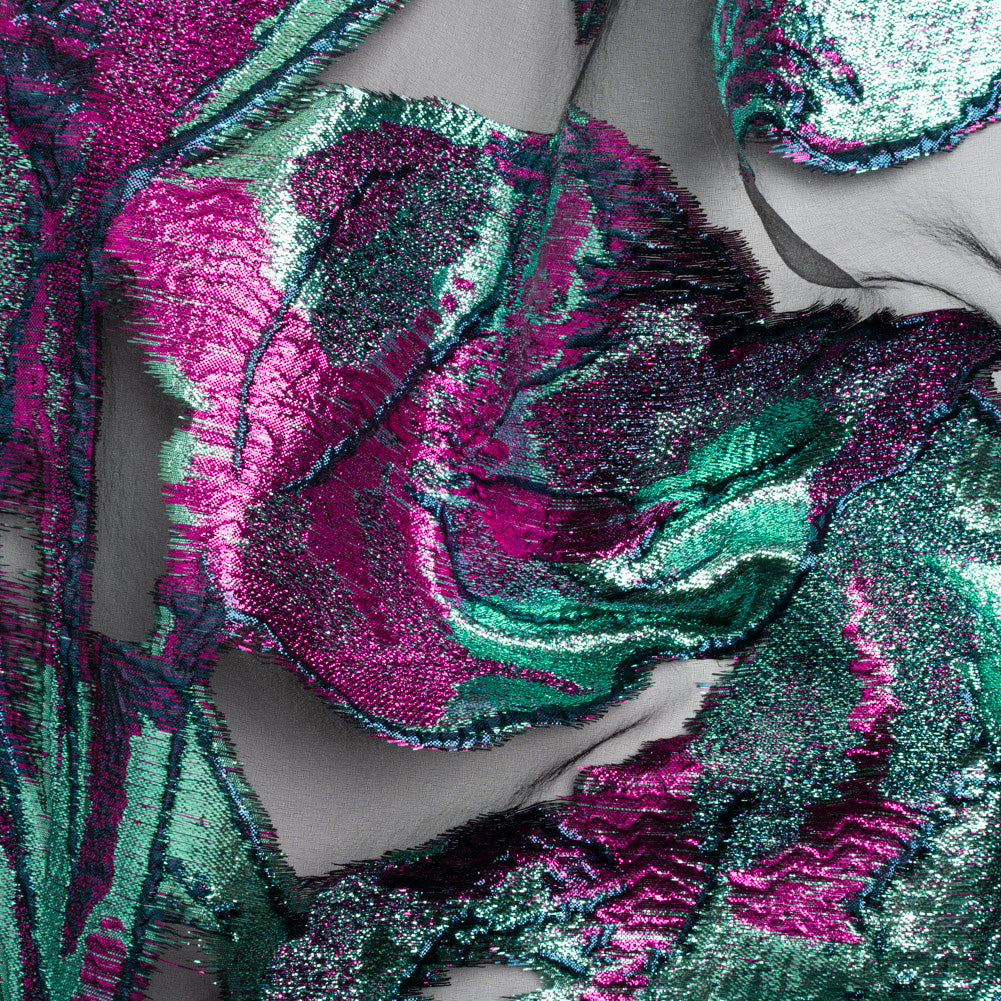 Metallic Aqua, Fuchsia and Navy Big Blooms and Leaves Luxury Burnout Brocade - Joann Fabrics