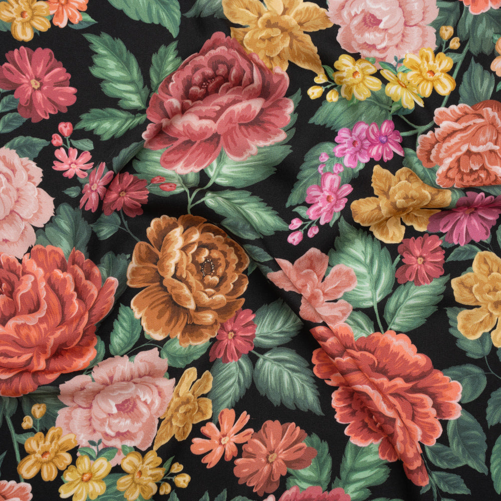 Rayon Challis - Coral Pink, Yellow and Green Flowers on Black - Mood Exclusive Midnight Garden Party Print - Joann Fabrics