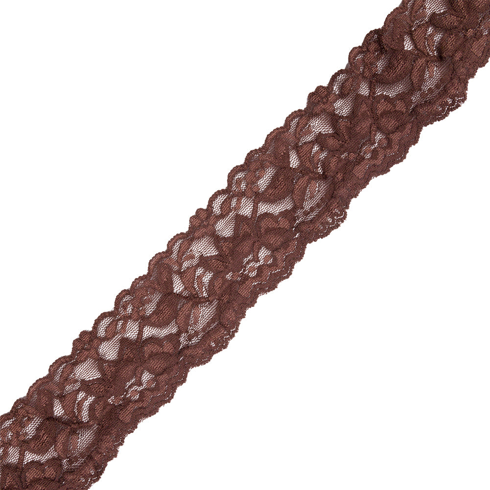 Famous NYC Designer Brown Two Tone Floral Vines Stretch Lace Trim with Scalloped Edges - 2