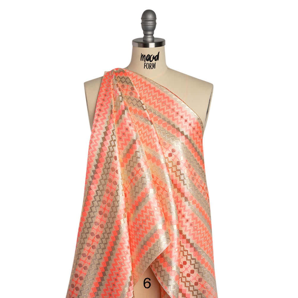 Metallic Polyester Brocade - Neon Coral, Gold and White Geometric Stripes - Deadstock - Joann Fabrics
