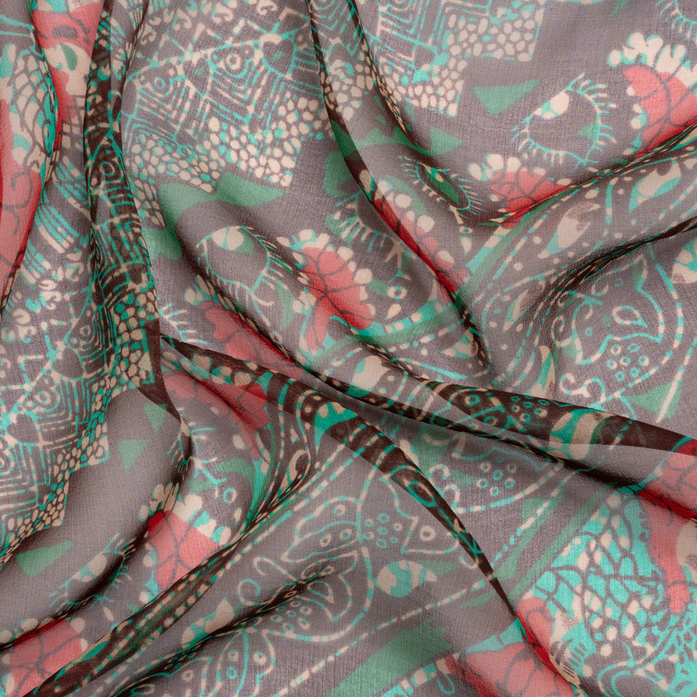 Chocolate, Berry and Turquoise Floral and Geometric Diagonal Stripes Silk Chiffon - Joann Fabrics